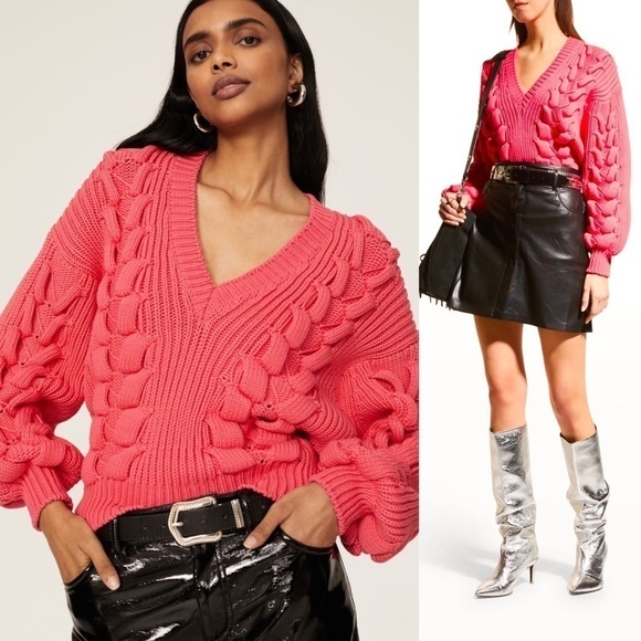 IRO Oversized Chunky Cable Knit Puffed Balloon Sleeve Ribbed V-Neck Sweater XL - Picture 3 of 10